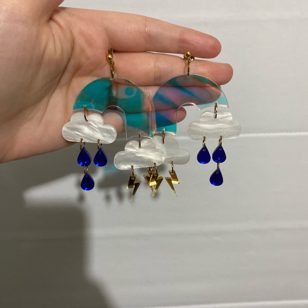 Storm cloud stud earrings lightning bolts clouds rain iridescent